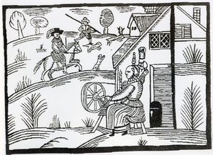 A Country Scene with a Woman Spinning and Two Men Hunting a Stag